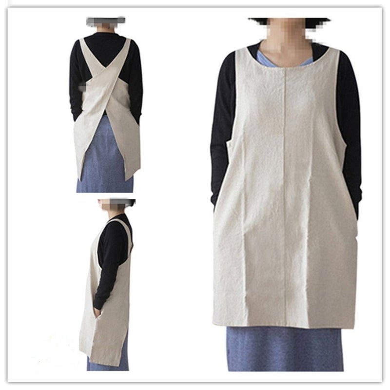 AOBBYBBS Soft Cotton Linen Apron Solid Color Halter Cross Bandage Aprons Japanese Style X Shape Double Pockets Kitchen Cooking Clothes Gift for Women Chef Housewarming -Beige - Image 2